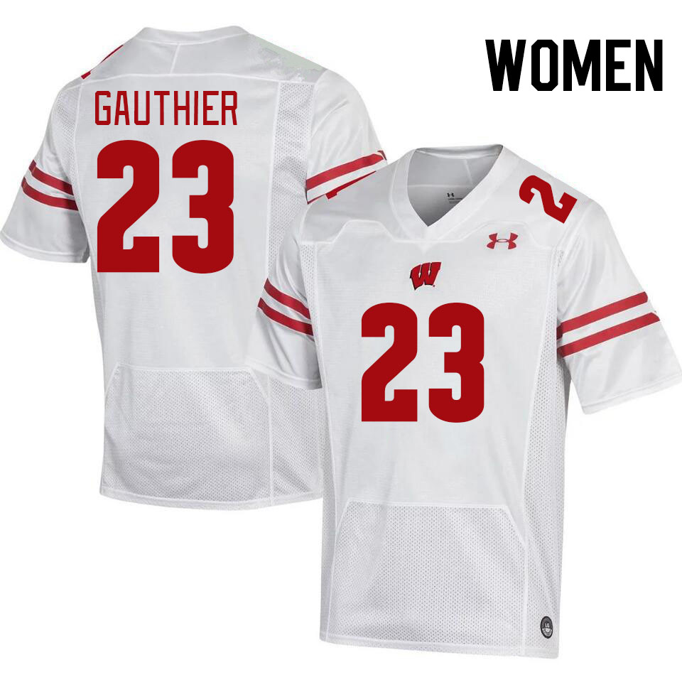 Women #23 Landon Gauthier Wisconsin Badgers College Football Jerseys Stitched-White